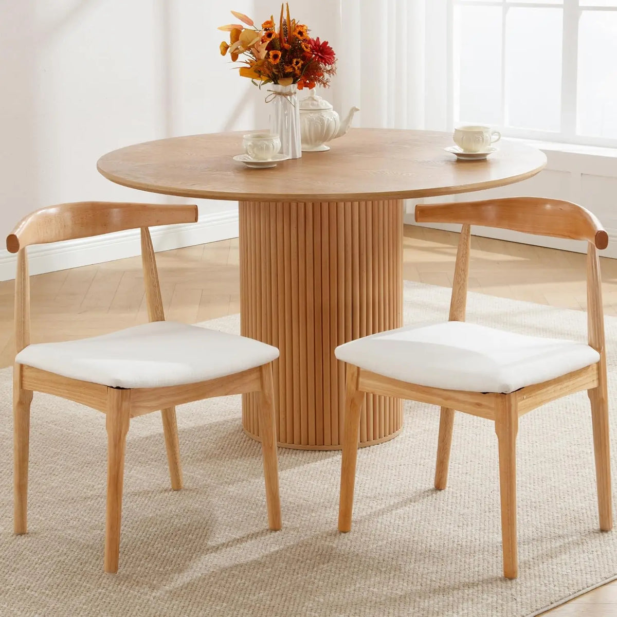 Dining Set of 2 Mid Century Dining Room  Modern Kitchen  with Linen Seat and Curved Back Wishbone Chairs