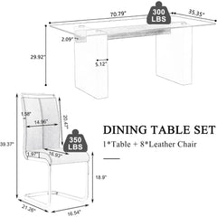 Dining Table Set for 8, 71 in Glass Dining Table Set with MDF Frame & Leather Ergonomic Chairs, Dining Table Set, 9 Pcs