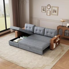 Pull Out Couch with Storage Chaise and Armrests,Convertible Sectional Sleeper Sofa Bed W/Removable Back Cushions