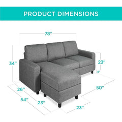 Best Choice Products Upholstered Sectional Sofa, Compact Spaces w/Chaise Lounge,3-Seat, L-Shape Design, Reversible Ottoman Bench