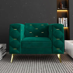 Velvet Button Tufted Upholstered Couch, Settee Sofa with High Arm and Golden Metal Legs, Couches for Living Room Bedroom Office