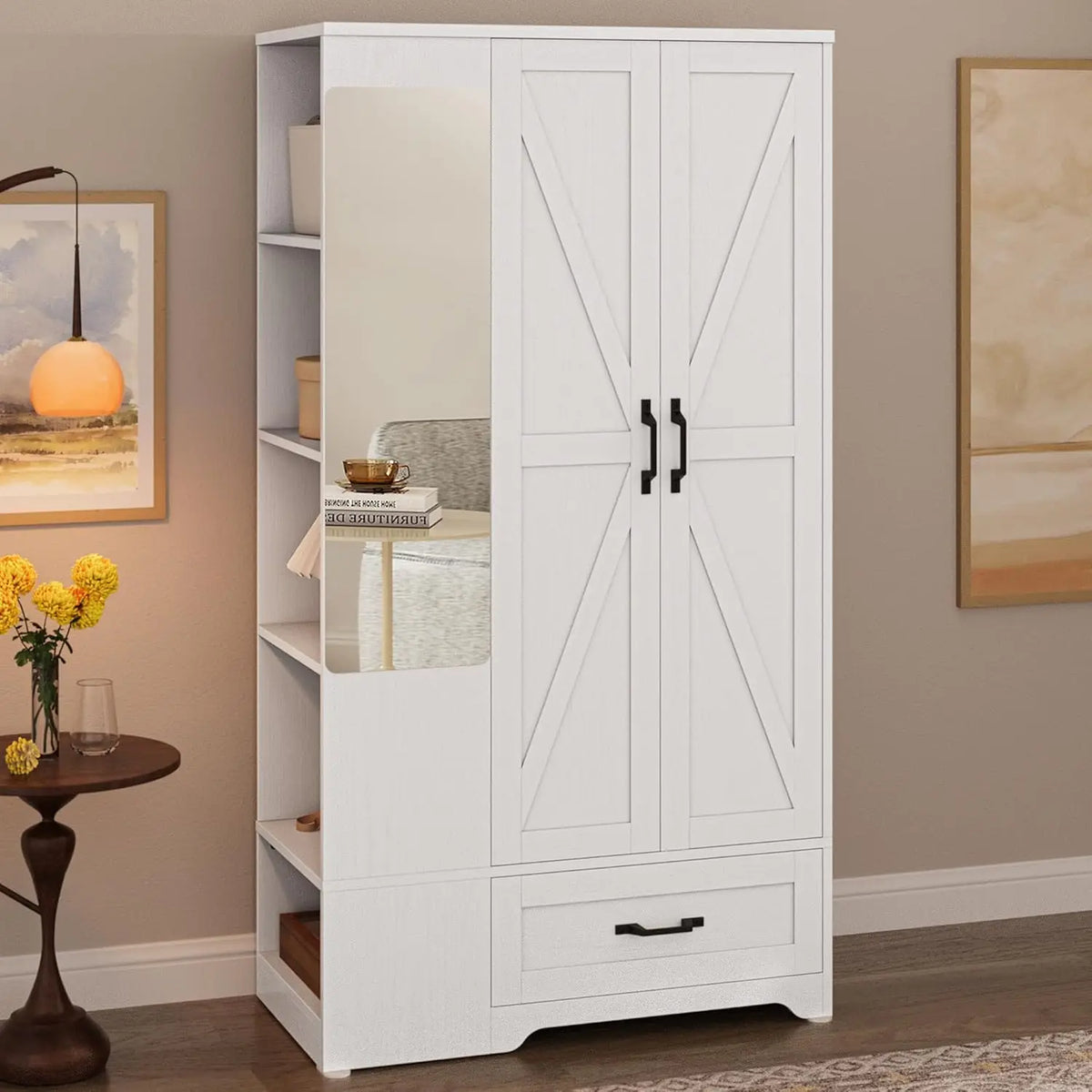 Armoire Wardrobe Closet with Barn Doors and Drawers and Full Mirror and 5 Storage Shelves 70" Wooden Bedroom Wardrobe Combinatio