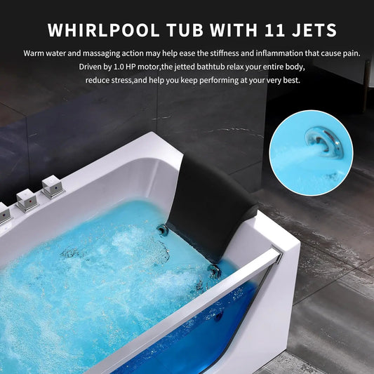 Whirlpool Bathtub Jetted Tub with Light SPA Hydromassage with Chromatherapy Acrylic 3-Side Apron White