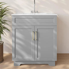 Bathroom Vanity with Ceramic Sink, Bathroom Vanity Cabinet with 2 Doors, 30 Inches Wooden Bathroom Sink Cabinet