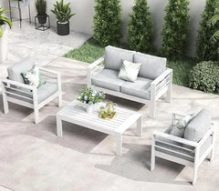 QLayinSun Aluminum Furniture with Fire Pit Table, 5 Pieces Patio Sectional Conversation Chat Sofa Modern Seating Set