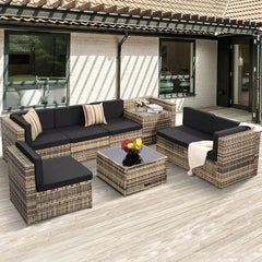 8PCS Outdoor Wicker Rattan Patio Furniture Sectional Set with Hidden Storage 7 Sofa Sections Oversized Cushions