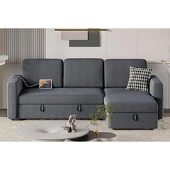 L-Shaped Sectional Sofa Bed w/Chaise & USB Reversible Storage Sleeper Convertible Trundle Hidden Compartment Fabric Couch