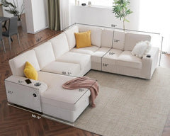 U Shaped Sofa, 7 Seater Sofa with USB Ports, Sectional Sofa Couch with Storage Chaise, Corduroy Beige