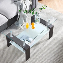 Living Room Rectangle Coffee Table, Tea Table Suitable for Waiting Room, Modern Side Coffee Table with Wooden Leg, Glass