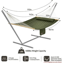 Double Quilted Fabric Hammock with Hardwood Spreader Bars and Pillow