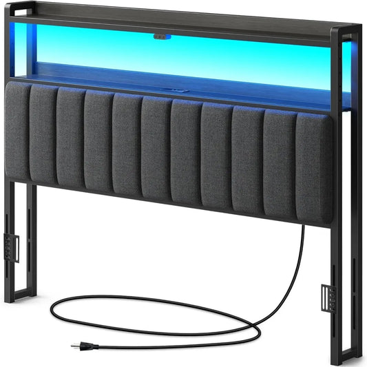 Headboard for Queen Size Bed with Storage, 60,000 DIY Color of LED Light, Head Board with USB & Type C Port, Height Adjustable