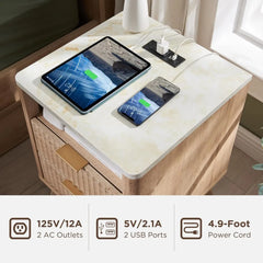 Groove Bedside Table with Charging Station, Artificial Marble Countertop, 2 Drawer Side Tables with Storage Space