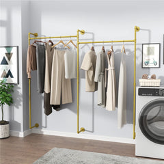 Industrial Pipe Clothing Rack Wall Mounted,Clothes Racks with Hanging Rods for Closet Storage(Gold)