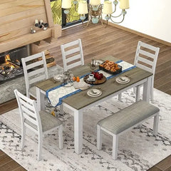 Design a classic and traditional style 6-piece cutlery set, including a dining table, 4 cushioned chairs, and benches