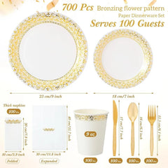 700 Pcs Disposable Dinnerware Set for 100 Guests Include 200 Paper Plates, 300 Plastic Silverware, 100 Paper Cups, 100 Napkins