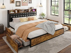 EnHomee 4 Drawers King and Headboard UpholsteredKing Size Bed Frame with Storage & amp