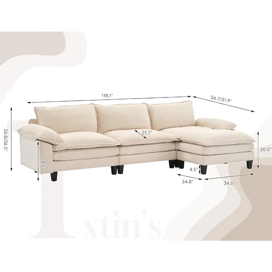 118" 3 Seat Cloud Couches for Living Room, L-Shape Sectional Couch with Ottoman, Modular Sectional Sofa for Apartment, Sofa