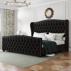 King Platform Bed Frame with Wingback Headboard, Velvet Upholstered Bed Frame with Handmade Button Tufted & Nailhead, Bed Frame