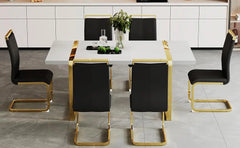 Dining Table Set for 6，MDF Kitchen Table and Leather Dining Chairs Set of 6, Modern Gold Metal Frame Dinner Table Set 6