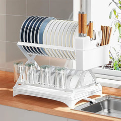 2-Tier Kitchen Counter Dish Drainer Storage Rack Collapsible Dish Bowl Rack Water Cup Organizer with 360° Retractable Drain