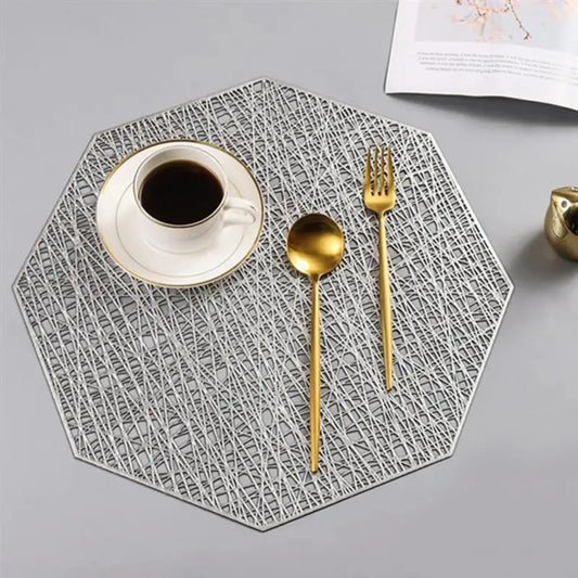 6Pcs PVC Placemats Cutout Hangable mat Octagonal Hollow Non Slip Dining Table Mats Coaster Home table Decoration Gold Placemat