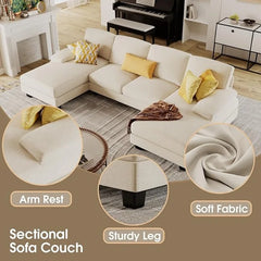 Convertible Sectional Sofa Couch, 4 Seat Sofa Set U-Shaped Modern Fabric Modular Sofa Sleeper with Double Chaise & Memory Foam