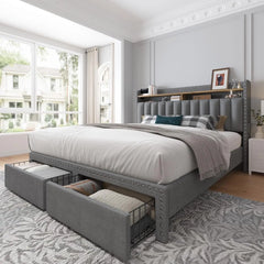 King size bed frame with storage space and headboard, king size bed frame with 2 drawers, noiseless and no need for a spring box