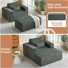 Oversized Chaise Lounge Chair with Removable Ottoman,Corduroy Upholstered Modern Deep Seat Sofa Couch with Pillows