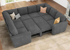 Modular Sectional Sleeper Sofa Bed, Corduroy Pull Out Couch with Storage Ottoman, U Shaped Sectional Couches for Living Room