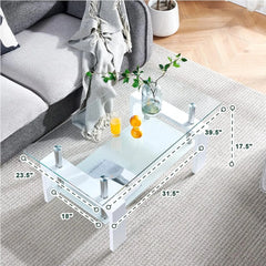 Living Room Rectangle Coffee Table, Tea Table Suitable for Waiting Room, Modern Side Coffee Table with Wooden Leg, Glass