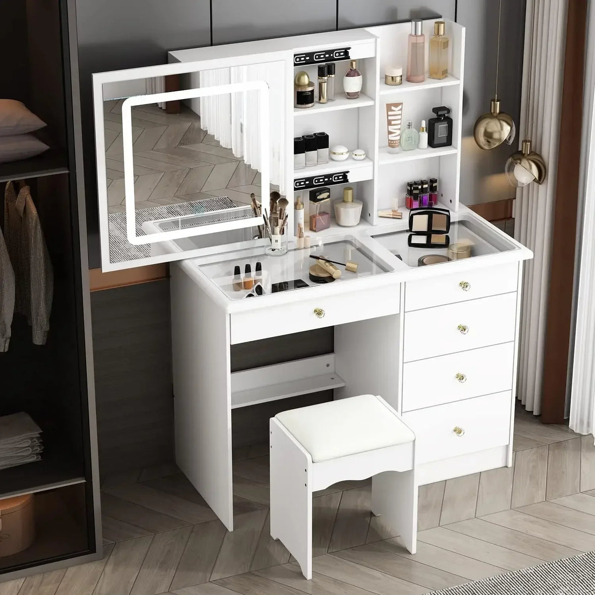 Homsee Vanity Desk Set Makeup Table with Large Sliding Lighted Mirror & Glass Top, Modern Dressing Table with Drawers,