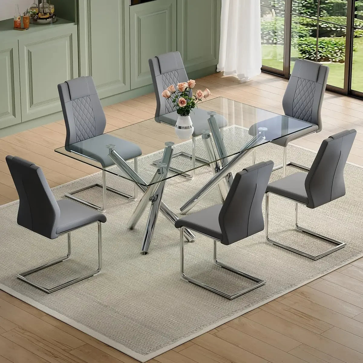 71” Glass Dining Table Set for 8, Tempered Glass Table and 8 PU Leather Chairs, Dining Room Table Set for 8