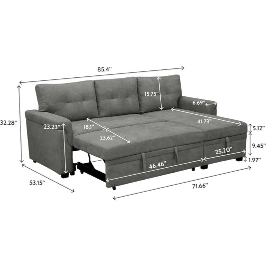 Jenny Sectional Sofa Sleeper with Storage Chaise, Tufted Pull Out Couch with Storage, Sectional Sofa Bed, Velvet