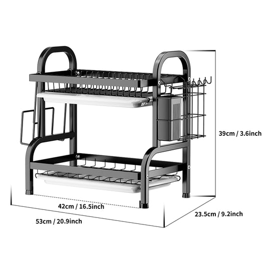 2-Tier Dish Drying Rack With Drain Board, Kitchen Counter With Cutlery & Cup Holder & Drainboard Black