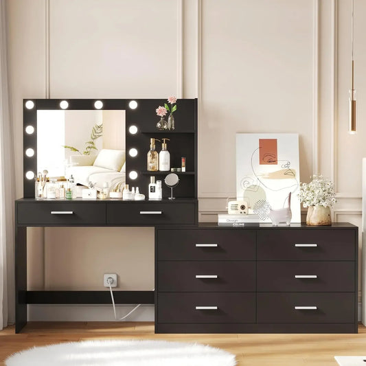 65" Vanity Desk, 8 Drawers Makeup Vanity Table with Storage Shelf, Modern Dresser with Mirror, Dressing Table for Bedroom