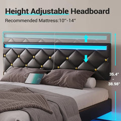 Floating Bed Frame King Size with Led Lights and USB Ports,Faux Leather Platform King Bed Frame with Headboard Easy To Assemble