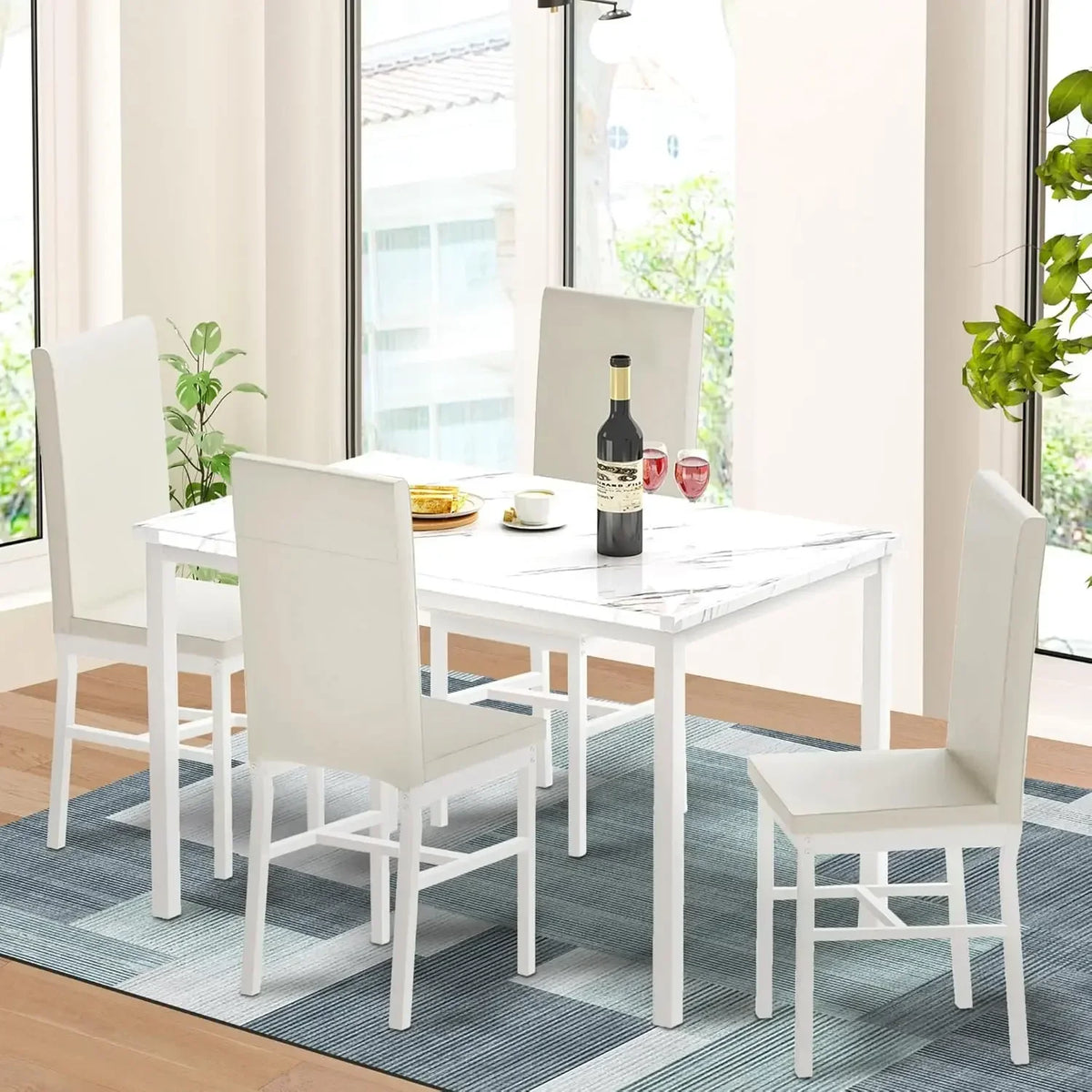 Dining Table Set for 4- Space Saving Kitchen Table and Chairs for 4, Modern Style Faux Marble Tabletop & 4 Blue Velvet Chairs