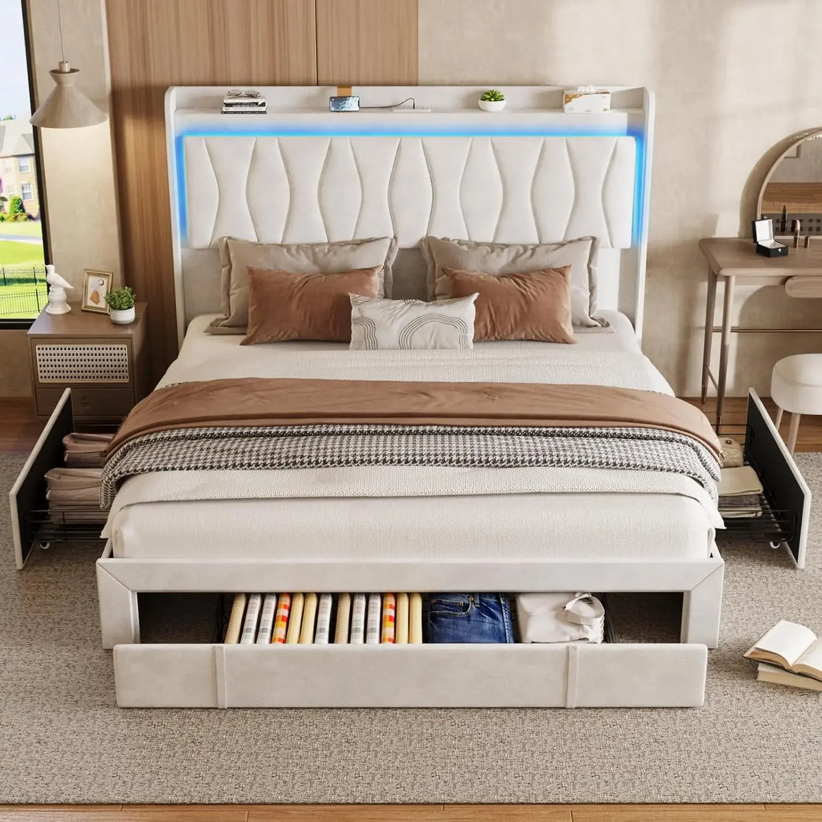 Bed Frame with LED Light and 3 Drawers Storage, Charging Station Wingback Tall Headboard, Upholstered Velvet Platform Bed Frame