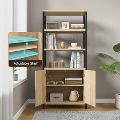 71" Tall Arched Cabinet Bookcase, 5-Tier Arched Bookself with Doors, Arched Bookcase Cabinet with Storage,Display Cabinet