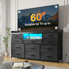 Dresser TV Stand with TV Stand for Bedroom with LED Lights & Power Outlets Long Dresser for Bedroom with Shelves