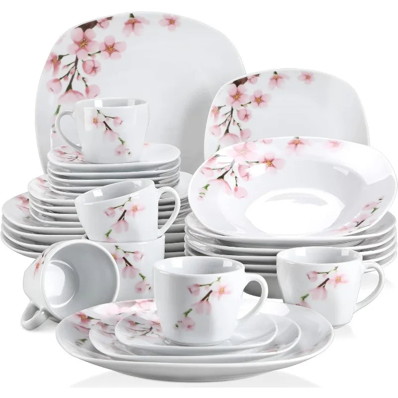 Porcelain Dinnerware Sets for 6, White Dish Set with Pink Floral, 30 PCS Dinner Sets Including Plates