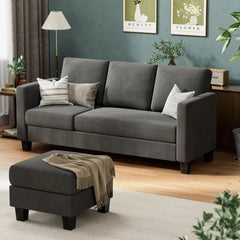 Convertible Sectional Sofa Couch, 3 Seat L-Shaped Sofa with Linen Fabric, Movable Ottoman Small Couch for Small Apartments