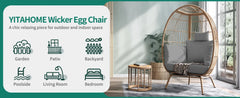 Egg Chair Wicker Outdoor Indoor, Oversized Lounger with 370lbs Capacity Large Egg Chairs with Stand Cushion Egg Basket