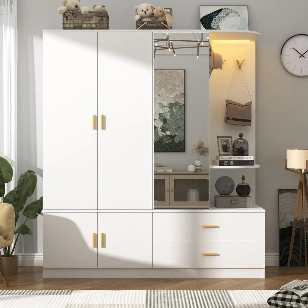 5 Doors Armoire Wardrobe Closet with Sensor Lamp and Mirror,Wooden Armoire Closet with 2 Drawers,4Hooks,2Hanging Rods,Open Space