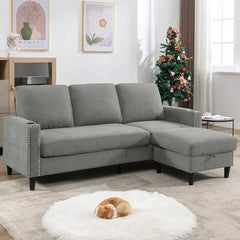 Convertible Sectional Couches for Living Room, L-Shaped Couch 3 Seats Sofas with Storage Chaise & 2 Cup Holders