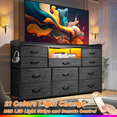 Dresser TV Stand with TV Stand for Bedroom with LED Lights & Power Outlets Long Dresser for Bedroom with Shelves