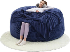 Bean Bag Flannel Sofa Chair (with 50LBS Filling,Gift: U-Shaped Pillow, Blanket Pillowcase,6FT Carpet),Round Soft Back Pillowcase