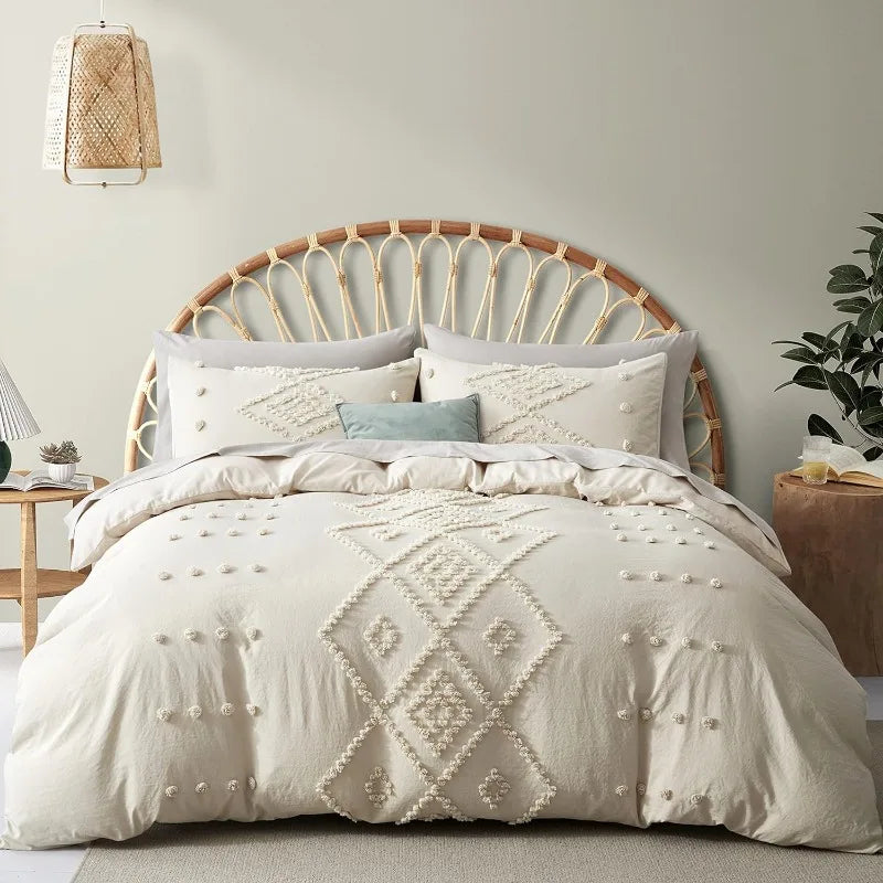 Tufted Duvet Cover, Soft and Lightweight Duvet Covers Set for All Seasons, 3 Pieces Boho Embroidery Shabby Chic Bedding Set