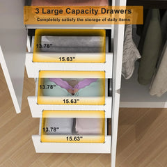 3 Door Armoire Wardrobe Closet, Wardrobe Closet with 3 Drawers, Freestanding Wardrobes with 3 Hanging Rod and a Mirror for Bedro