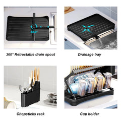 2-Tier Kitchen Counter Dish Drainer Storage Rack Collapsible Dish Bowl Rack Water Cup Organizer with 360° Retractable Drain